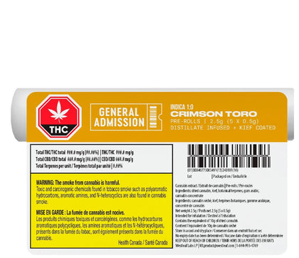 General Admission Crimson Toro 5 x 0.5g Distillate Infused Pre-Rolls